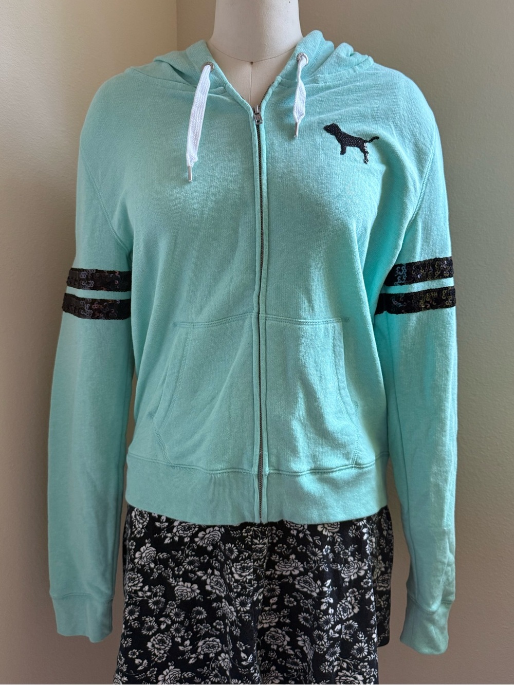 PINK Victoria’s Secret Y2K Bling Sequin Hoodie Mint Green Large Paris Hilton Era